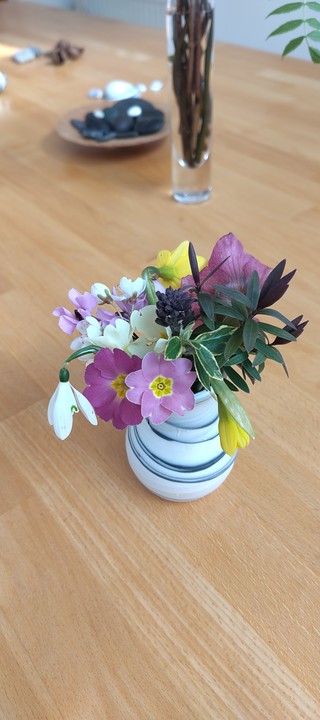 Small white vase with spiral grey markings sits in a wooden kitchen worksurface. A few other items on the surface, and the white wall behind, are out of focus. It contains a colourful posy of spring flowers. Visible are pink and yellow primrose, snowdrop, miniature daffodils, wild cyclamen, purple hellebore, hebe, and some variegated foliage.