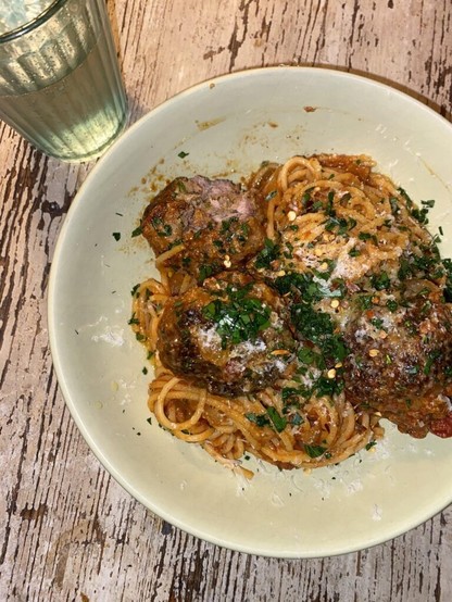 Quick meatballs and spaghetti in some leftover sauce from Michael’s