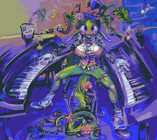 extremely annoying plant person wearing an old timey tuxedo with a top hat but no trousers, smiles dorkily while trying to appear as if playing two pianoforte instruments placed across from each other