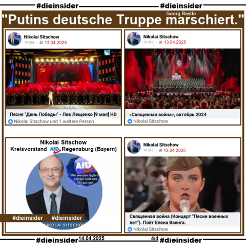 Auf Slide 4 zeigen wir drei von insgesamt sieben Posts vom Mitglied des Regensburgers AfD Kreisvorstandes Nikolai Sitschow mit russischen "Militär-Paraden/Gesangs"-Videos, gepostet auch am 13.04.2025.