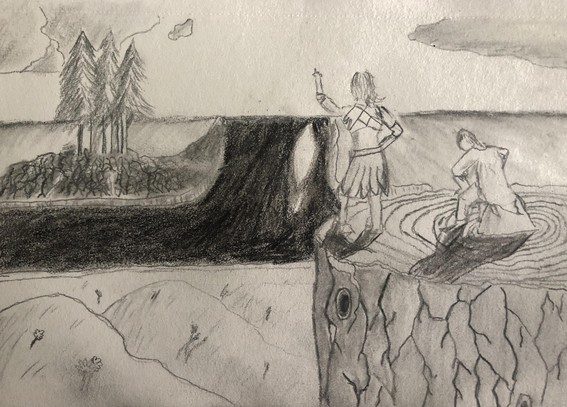 Pencil/Charcoal sketch of two figures from behind standing on a chopped down stump overlooking an expansive landscape. A black desolate area half surrounds three tall pine trees in the distance with vines covering their roots. The figure on the left is feminine and wearing a basic warrior's tunic and pleated skirt. She points into the distance. The figure on the right is boyish and is bracing himself against a chip of wood protruding from the stump, evidently out of breath.