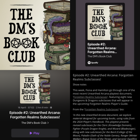 Social graphic composed of screenshots showing the latest episode of The DM’s Book Club being out on podcast platforms.