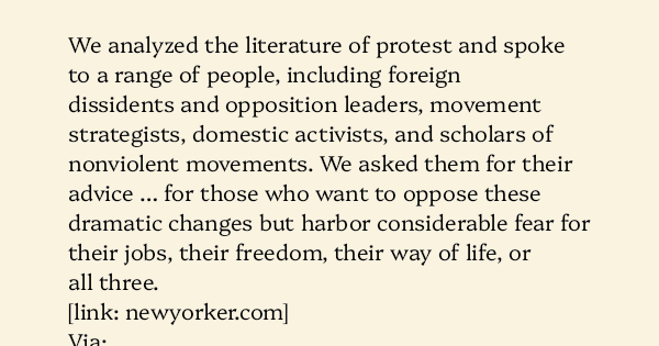 image text: We analyzed the literature of protest and spoke to a range of people, including foreign dissidents and opposition leaders, movement strategists, domestic activists, and scholars of nonviolent movements. We asked them for their advice … for those who want