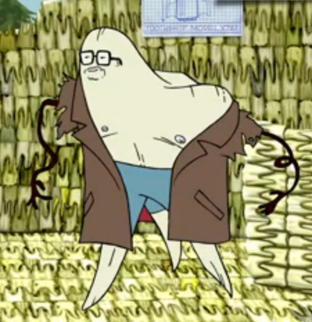 The tooth version of Dr Wongburger from Aqua Teen Hunger Force. He is a 5 foot tooth with the tooth roots for legs, blue shorts on and a brown trench coat on. One of the top tooth protrusions is the head/face. He stands in a living room made of teeth.