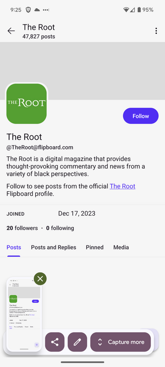 Screenshot @theroot@flipboard.com with 20 followers and a link to "The Root Flipboard profile."