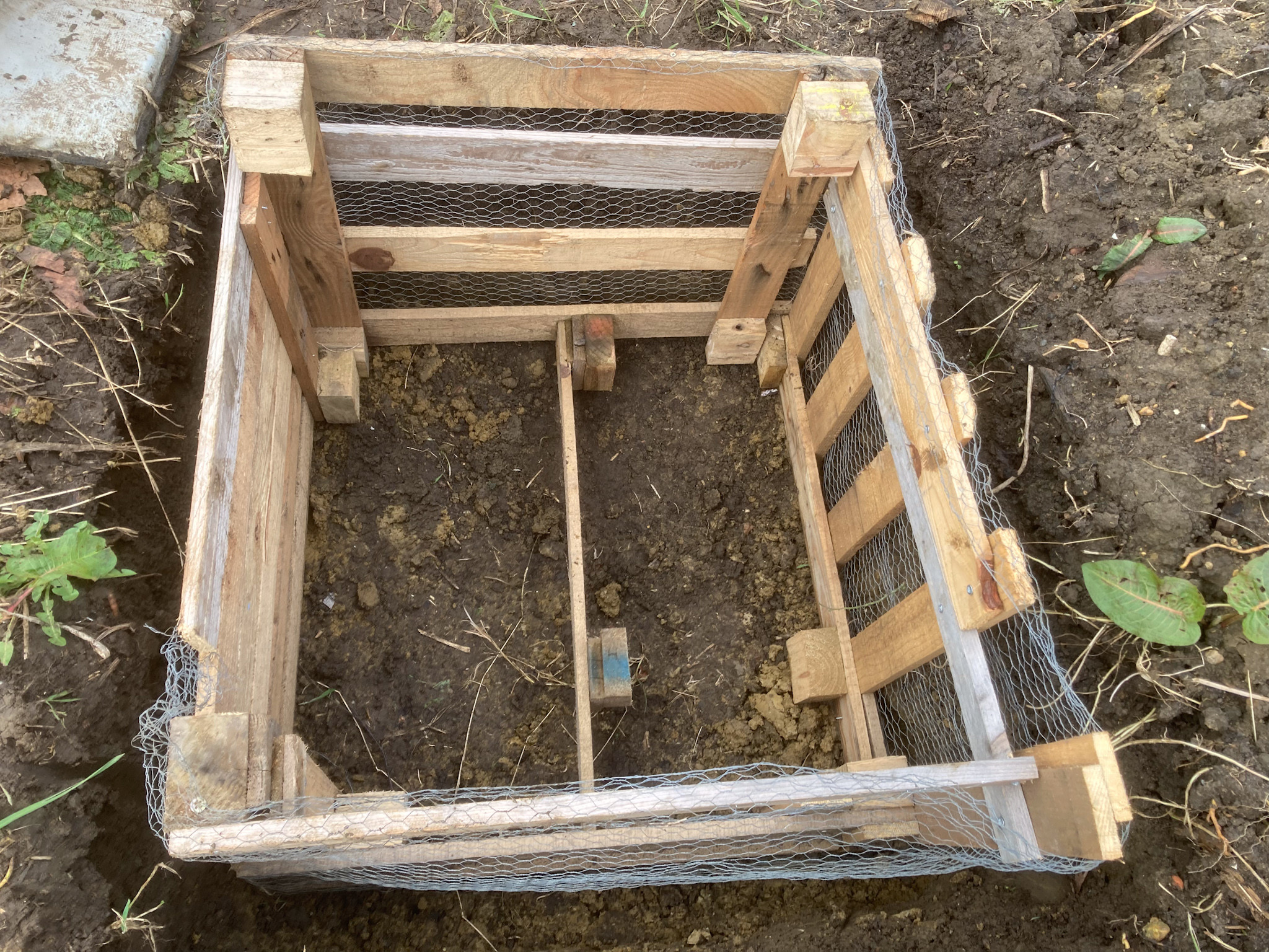 A wooden box with approximately 80 cm or 31 inch sides in a hole in the ground. The box is made from old pallet wood and offcuts with wire mesh around the sides to hopefully keep out any eager wildlife like badger or fox. The box will have a lid. Dendrobaena worms will be added together with regular additions of compostable materials and shredded cardboard for them to process into vermicast for use on the plot.