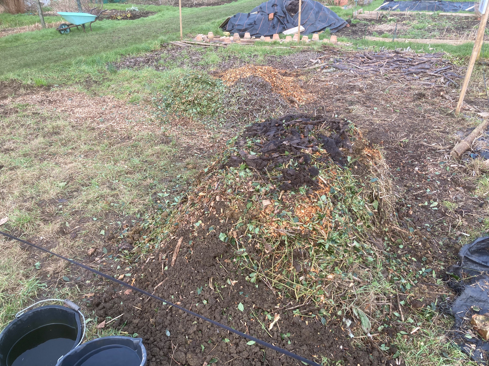 View of the compost plot from the back corner. The compost pile is directly in front. Two buckets of rainwater are ready for keeping the next layer of compostable material moist. The water supply to the site is not switched on until March. Various mulch materials cover the plot, from grass cover to wood chip, leaf litter and small hazel branches.