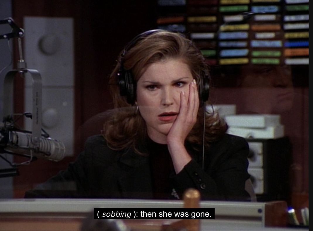 Description: In this image, we see a woman wearing headphones and a black jacket, sitting in a radio studio. She is holding her hand to her face, appearing to be in a thoughtful or pensive mood. The background features a radio control panel, which is a common element in radio studios. The text overlay on the image reads "(sobbing): then she was gone." This suggests that the woman might be reflecting on a recent event or conversation.

Disclaimer: I'm listening, caller, but before we proceed, I must offer this small caveat: The description of the image in question has been generated by an automated process, not unlike the way my brother Niles generates excuses to avoid physical exertion. As such, its accuracy may be as questionable as Dad's choice in recliners. Please, do exercise your own judgment, much as I do when selecting a fine sherry.