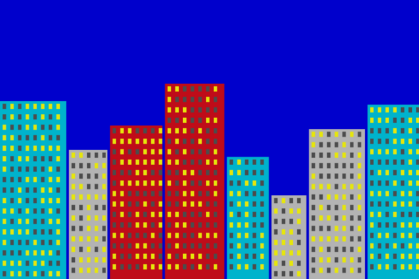 A recreation of a city skyline from the retro Gorillas game. Each building is a plain rectangle in red, blue, or gray, with an array of rectangles in yellow or gray forming windows.

