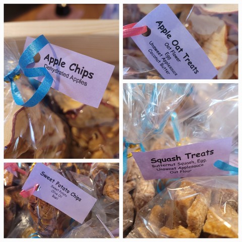 A collage of different handmade dog treats, dried apple chips, apple oat chips, dried sweet potatoes, and squash treats.