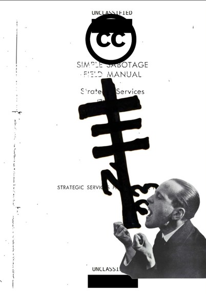 Digital collage made with cia simple sabotage manual as the background, john heartfield screaming, resistance International sigil and creative commons ninja 